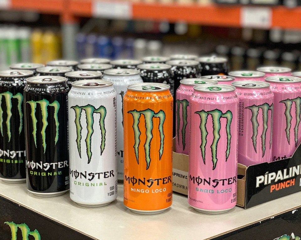 Close-up of Monster Energy cans and trays on warehouse table showing product details