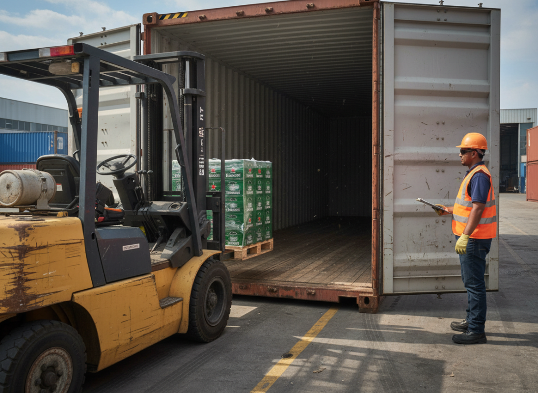 Close-up of export-ready Heineken pallet with corner protectors and stretch wrap for USA wholesale distribution