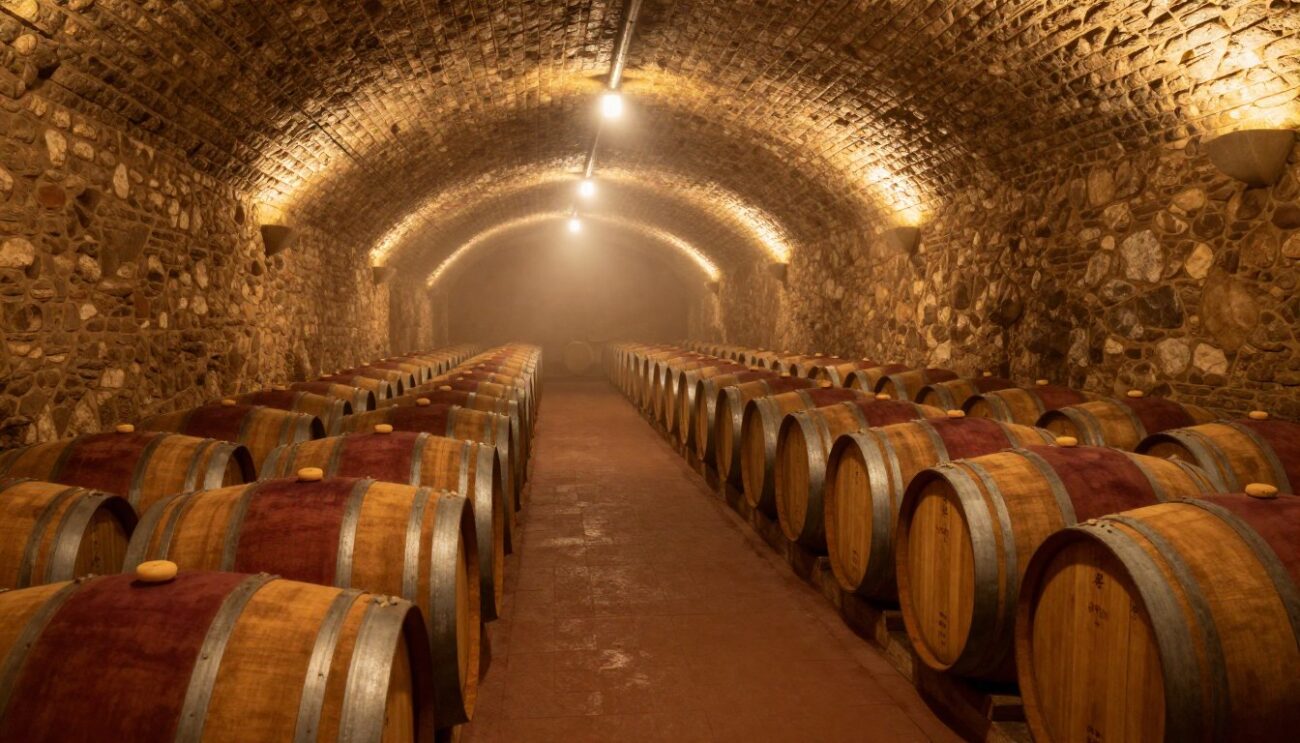 Cognac aging barrels in French cellar representing Hennessy VSOP heritage and wholesale quality standards