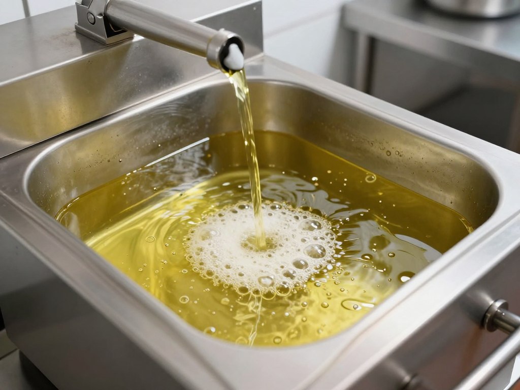 Commercial frying oil being used in industrial deep fryer showing reduced foaming
