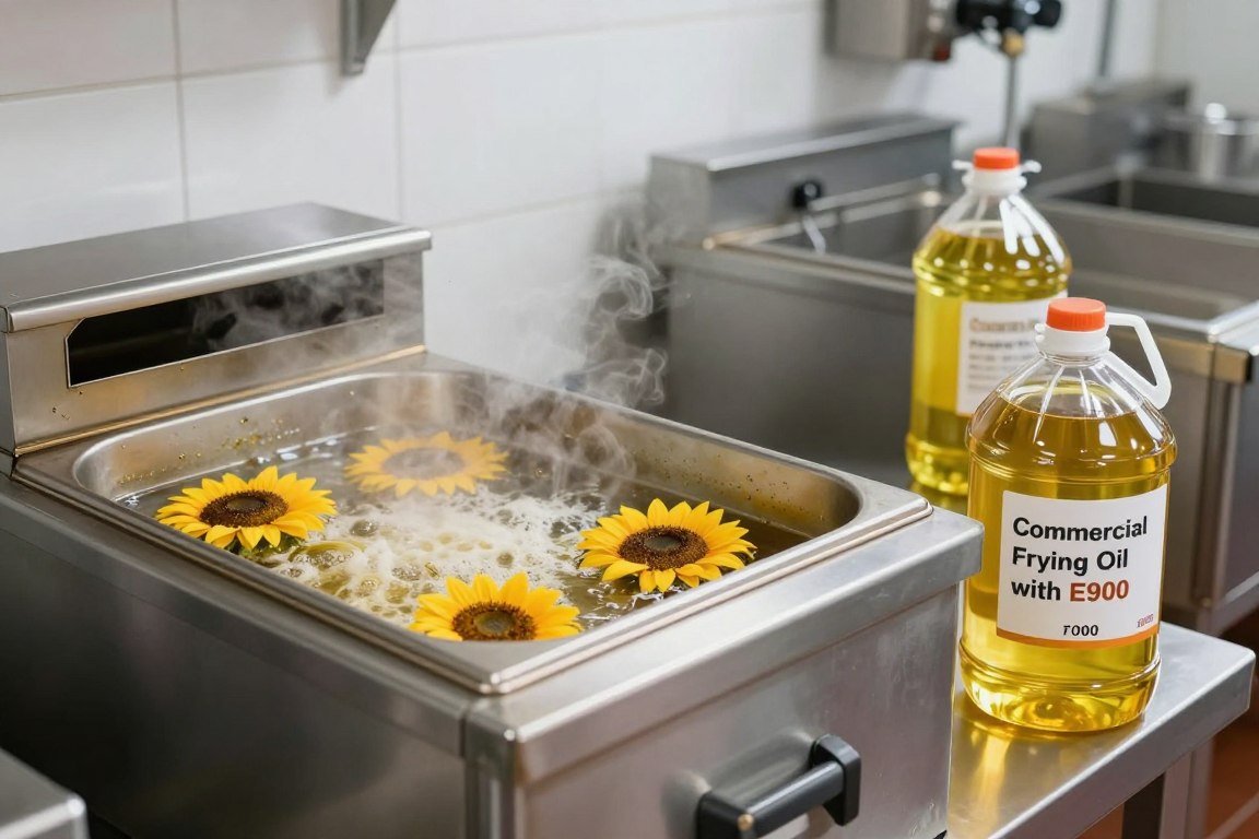 Commercial frying oil with E900 antifoaming agent being used in industrial food preparation