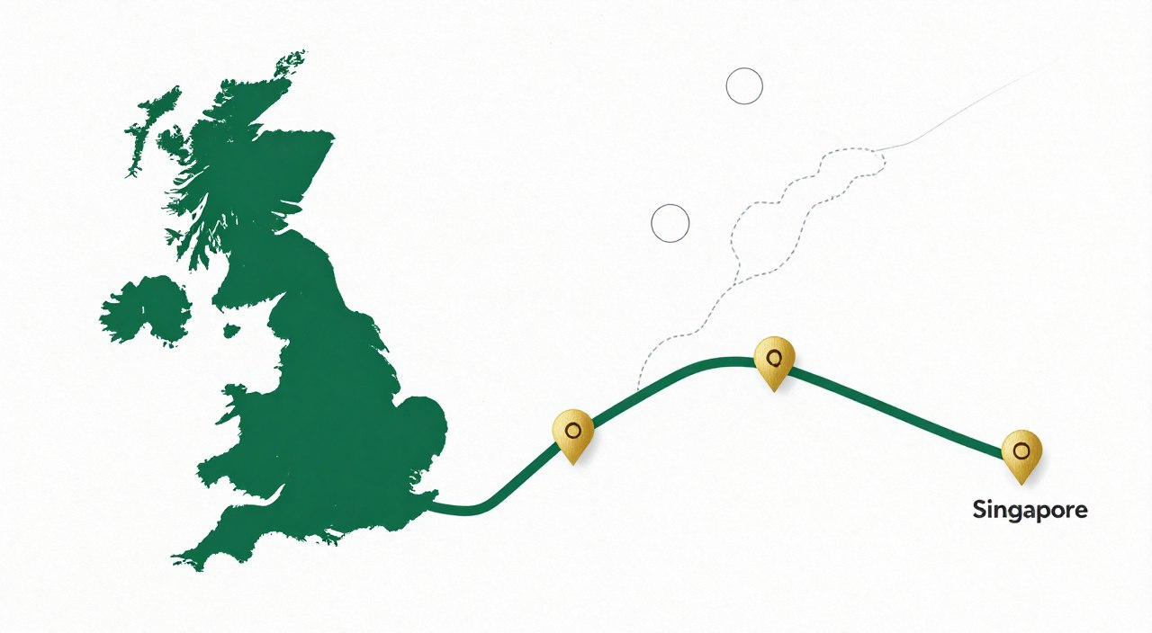 Conceptual visualization of UK to Singapore trade route showing international logistics coordination for Macallan wholesale supply
