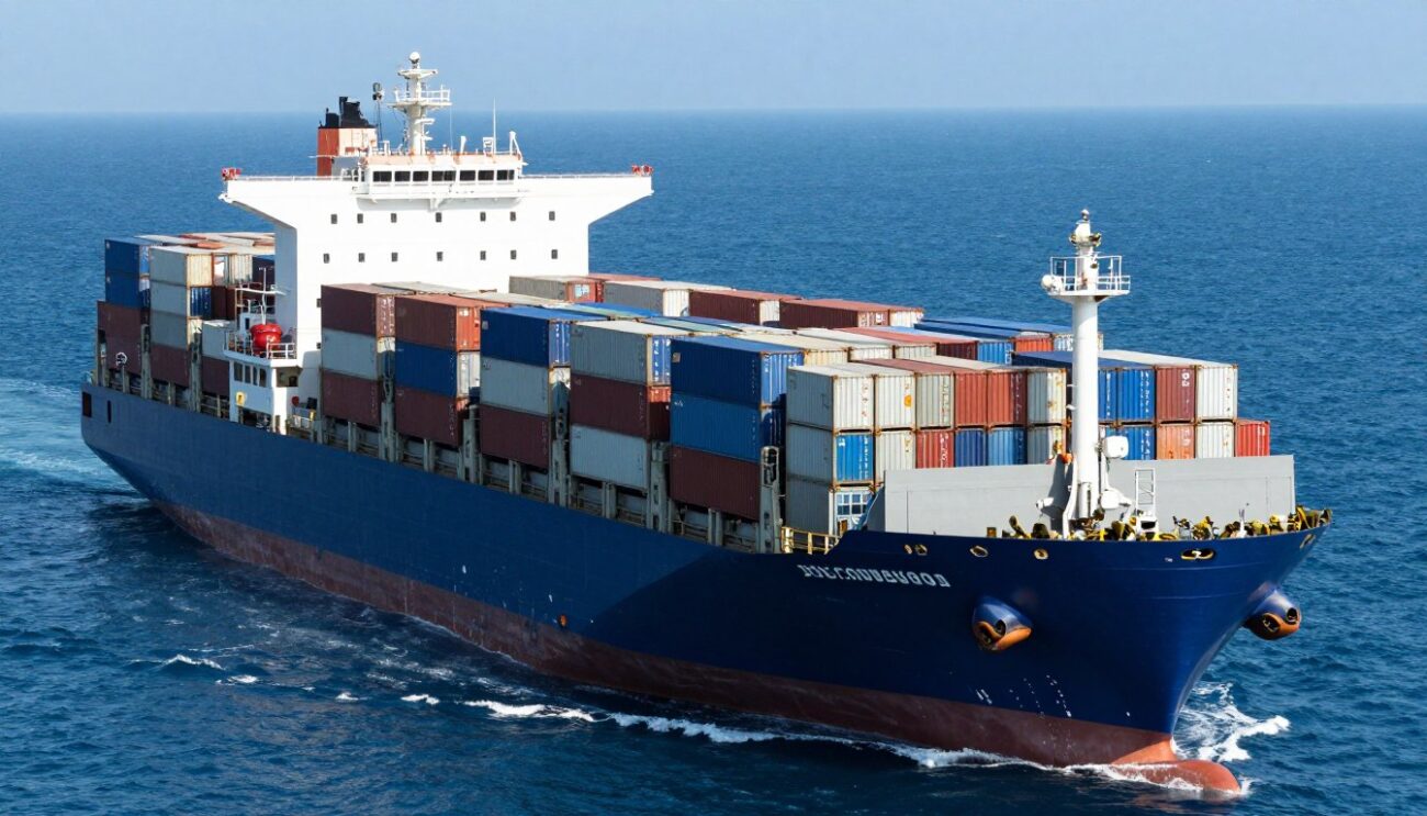 Container hàng trên tàu biển đang vận chuyển quốc tế
