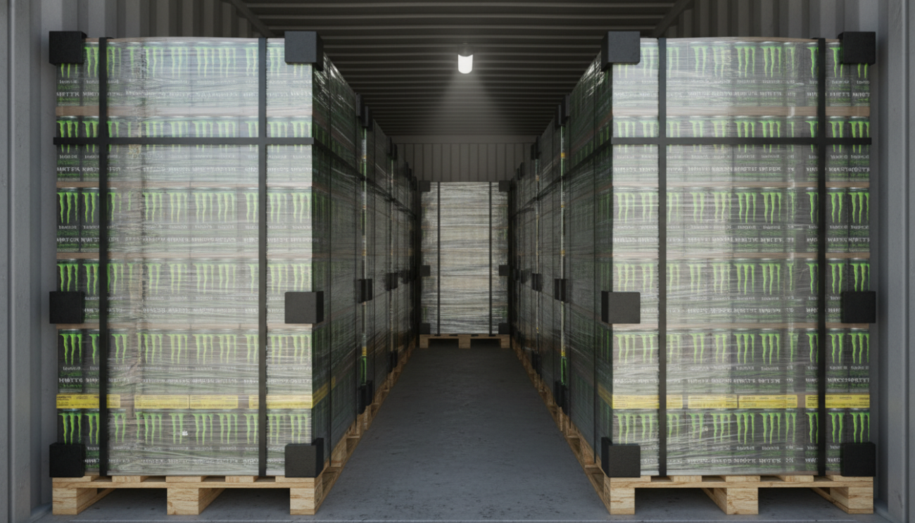 Container interior with aligned Monster Energy pallets showing proper loading configuration
