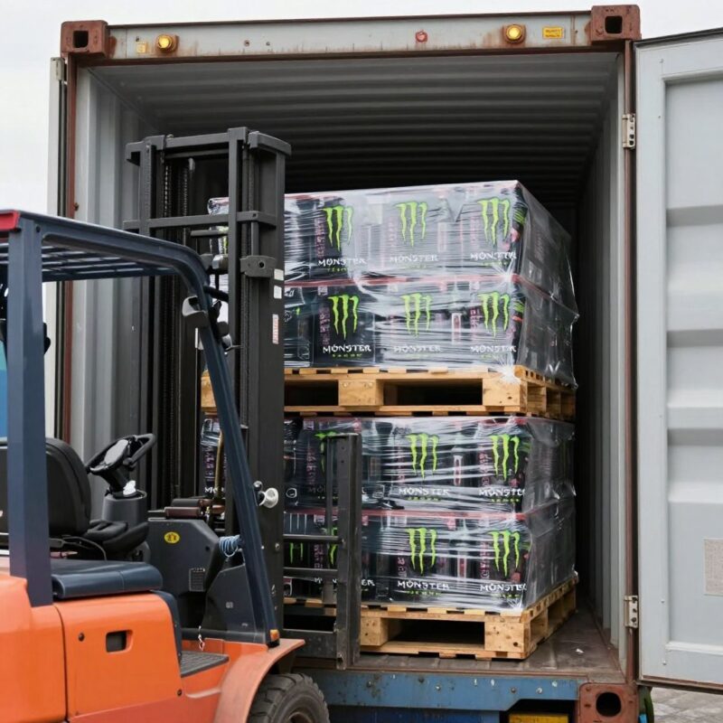 Container loading configuration for Monster Energy wholesale export to Indonesia