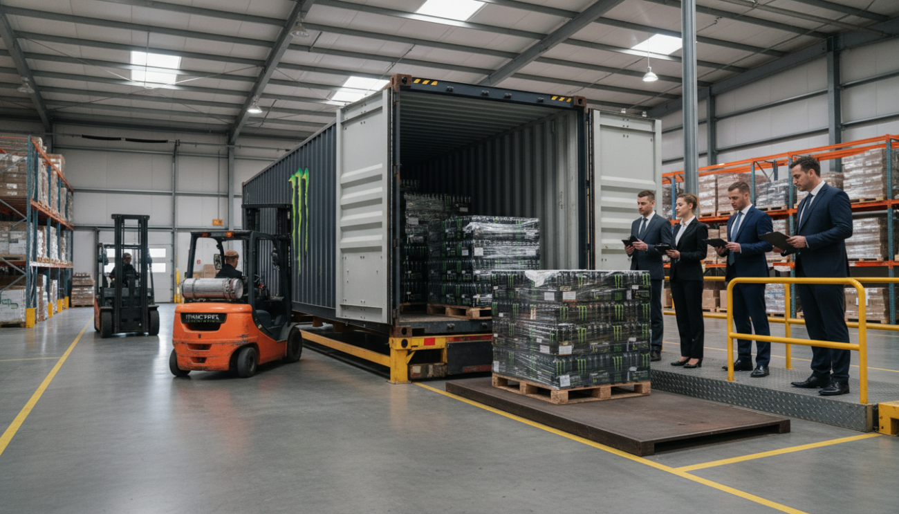 Container loading of Monster Energy pallets for export to New Zealand