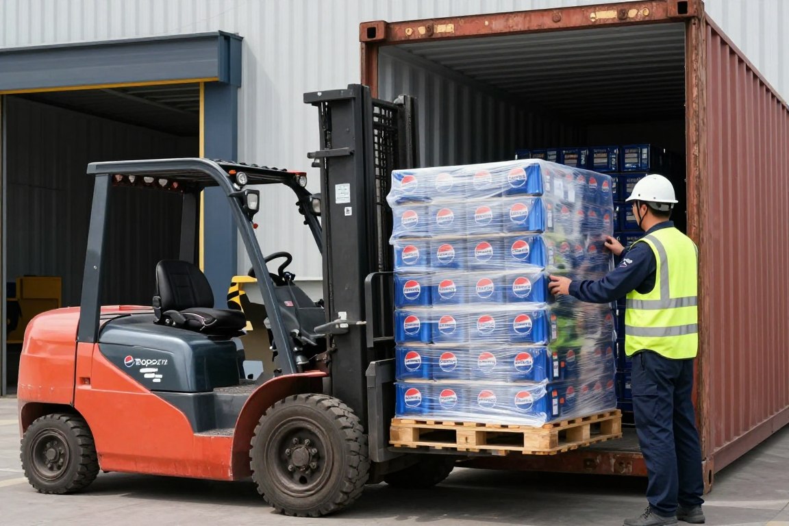 Container loading of Pepsi pallets showing the freight preparation process