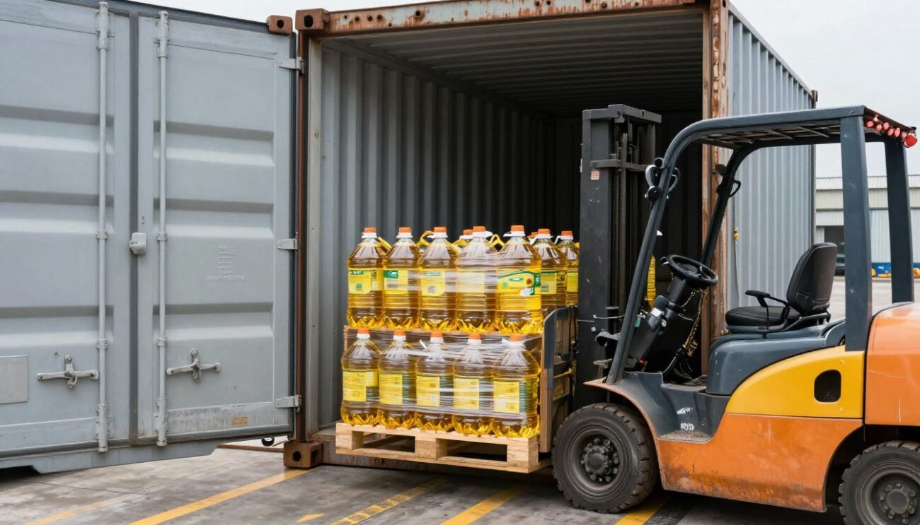 Container loading of sunflower oil pallets for export to USA wholesale market