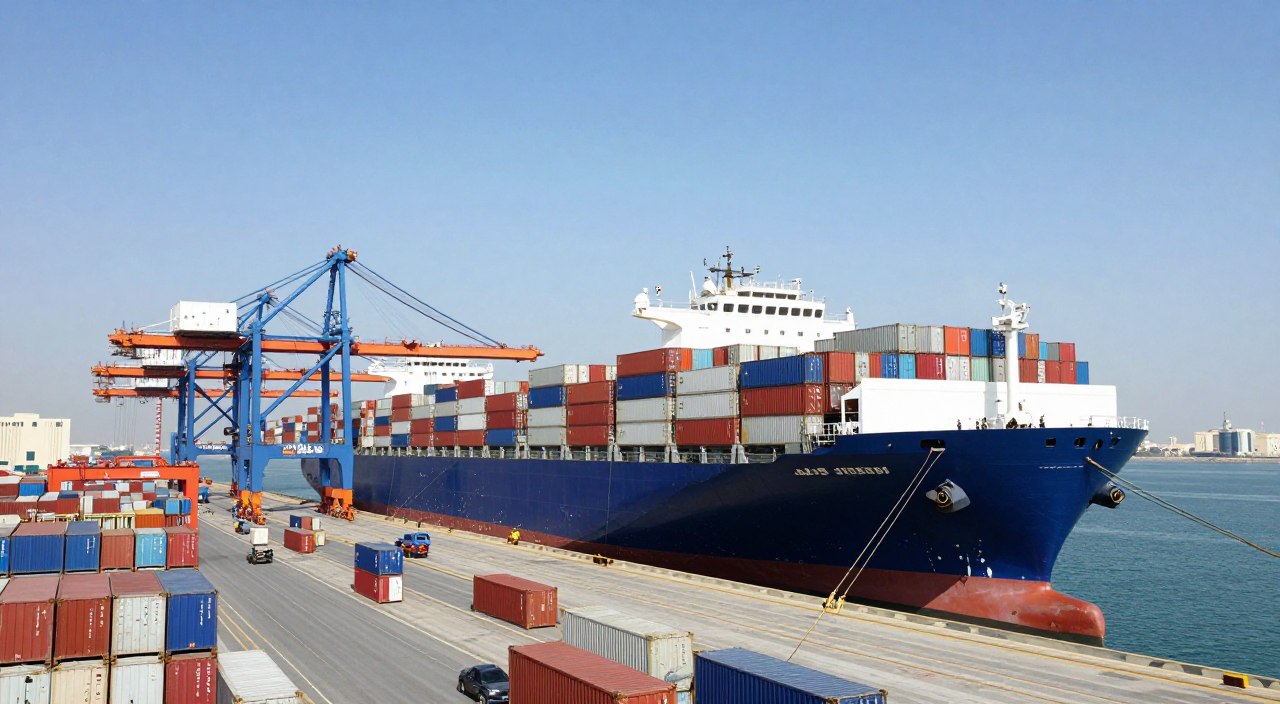 Container ship at Jebel Ali port in Dubai showing maritime logistics infrastructure