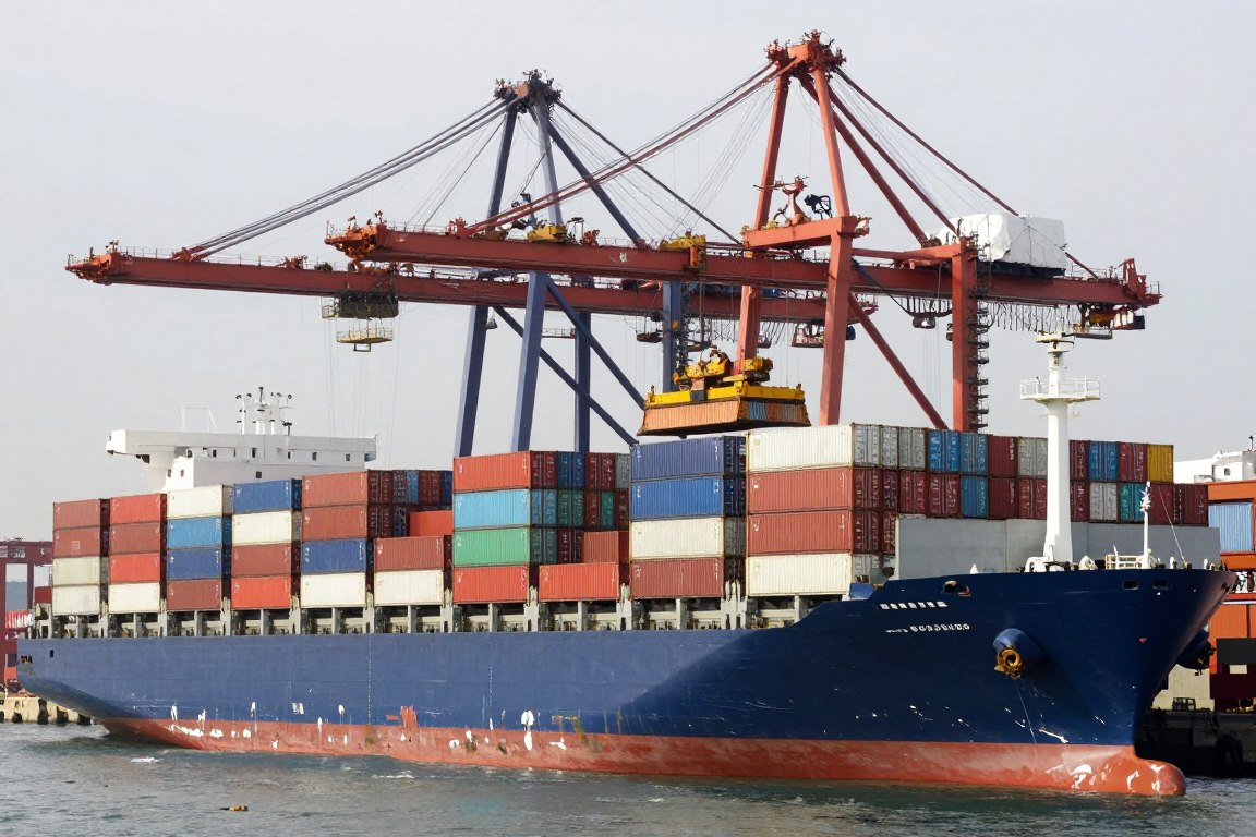 Container ship being loaded at commercial port with beverage cargo
