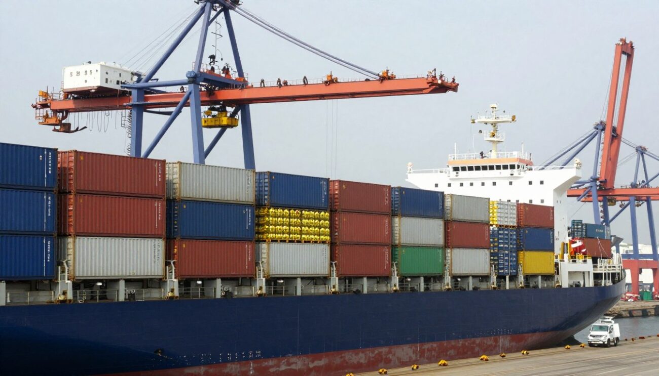 Container ship being loaded with sunflower oil cargo at port for African export