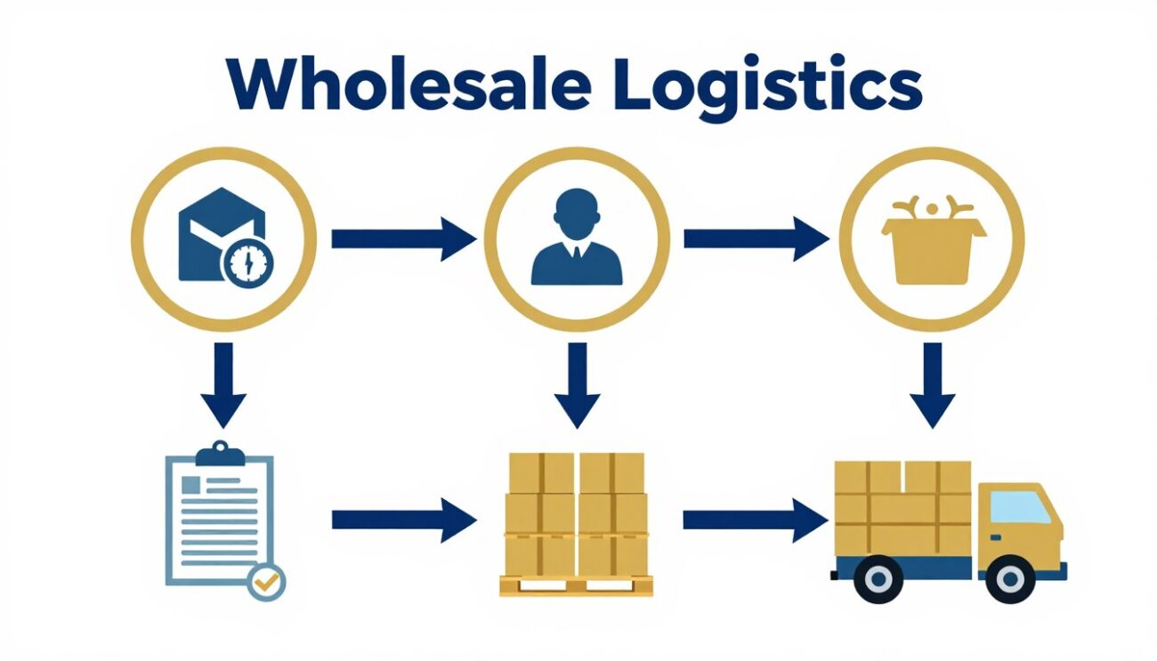Custom logistics workflow infographic showing wholesale coordination process from order to dispatch
