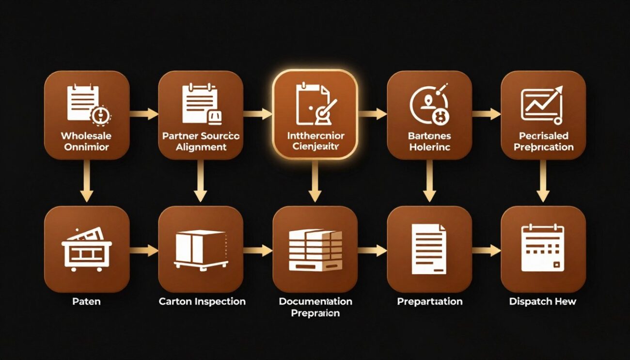 Custom workflow infographic showing Hennessy VSOP wholesale coordination from order to container dispatch for East Africa
