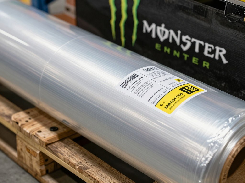 Detailed view of Monster Energy pallet wrapping and labeling