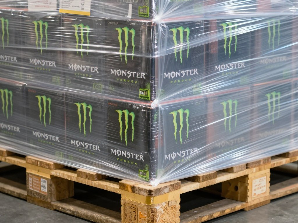 Detalle de pallet de Monster Energy con envoltura y esquineros para estabilización