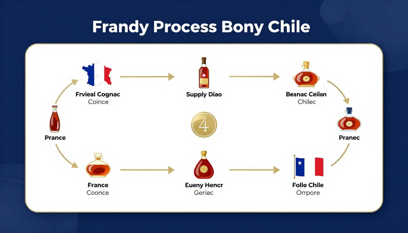 Diagrama de flujo del proceso de suministro internacional de cognac desde Francia a Chile