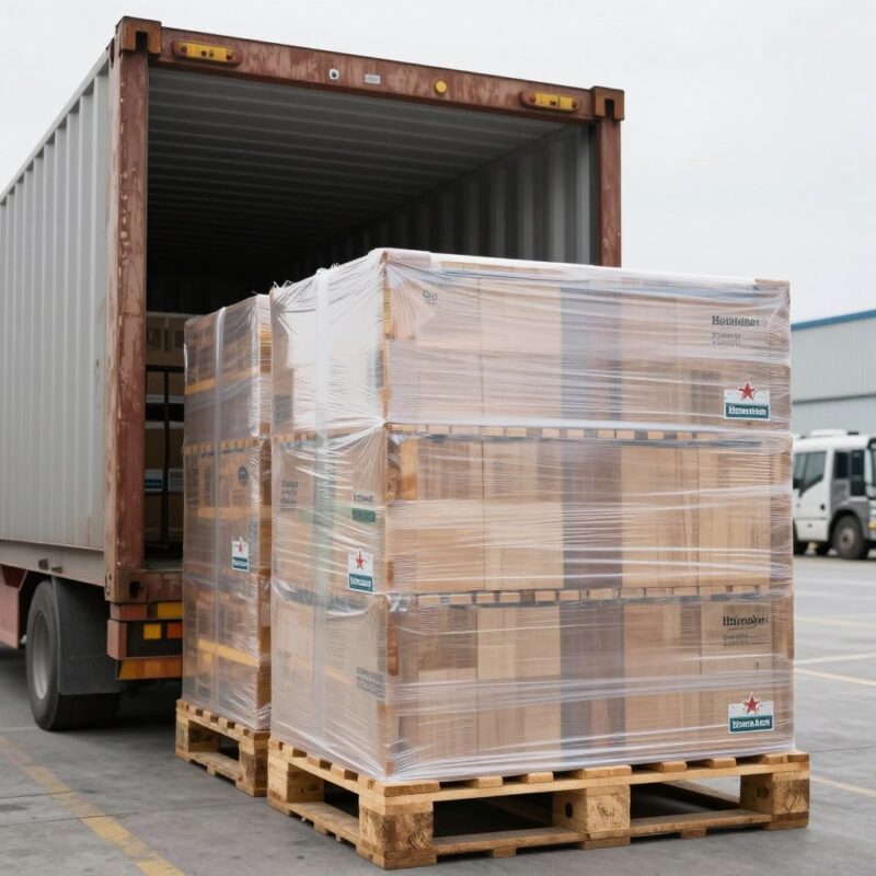 Docas de carregamento com pallets de Heineken prontos para exportação ao Brasil