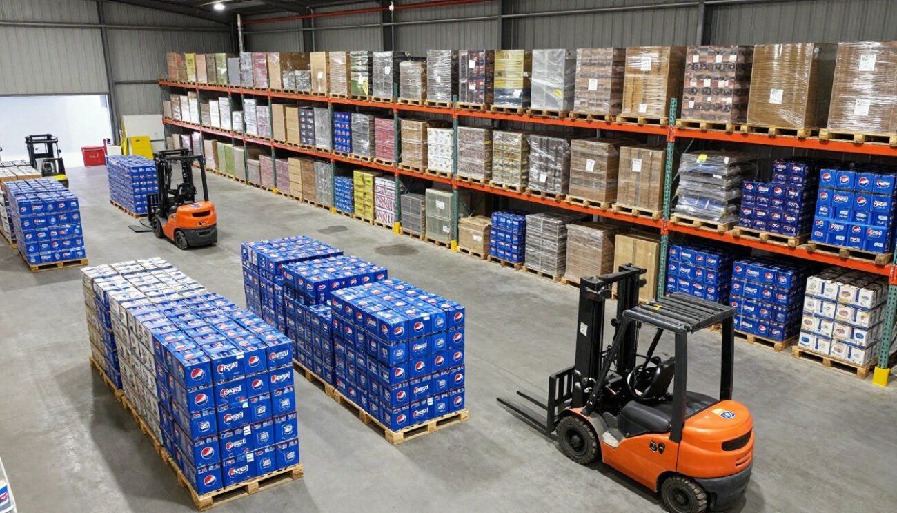 European warehouse facility showing Pepsi product storage and preparation for export