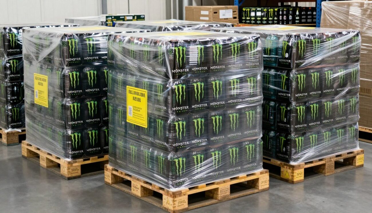 Export-ready Monster Energy pallets prepared for shipping to Indonesian distributors