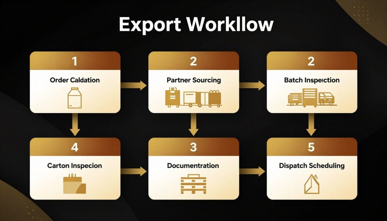 Export workflow infographic showing structured coordination process from order confirmation to container dispatch with logistics stages