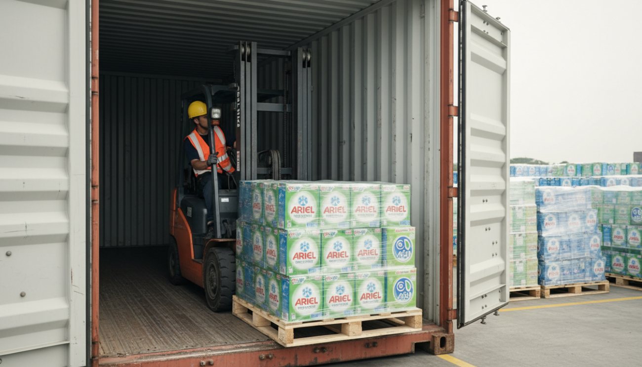 Forklift loading Ariel detergent pallets into shipping container for export to UAE