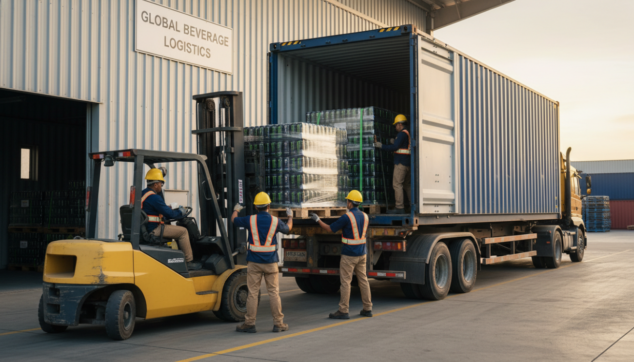 Forklift loading Monster Energy pallets into shipping container at loading dock