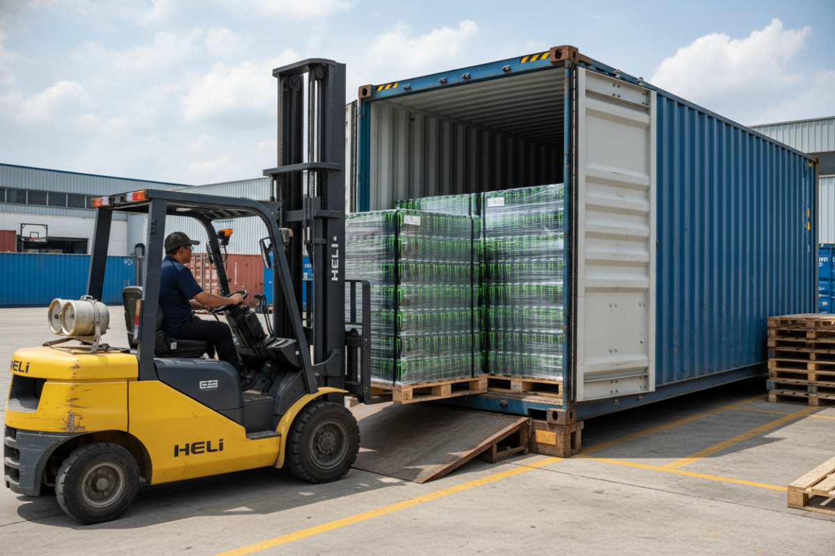 Forklift loading Monster Energy pallets into shipping container for export