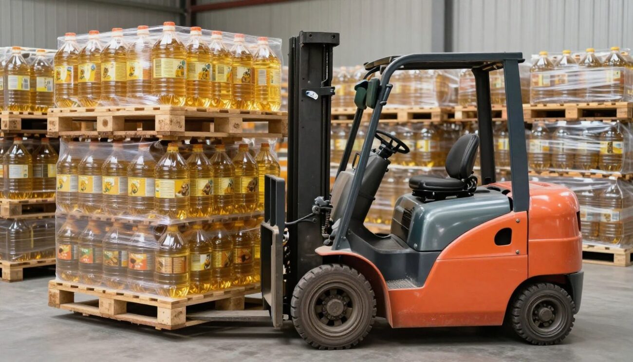 Forklift loading pallets of sunflower oil in various sizes for wholesale export to USA market