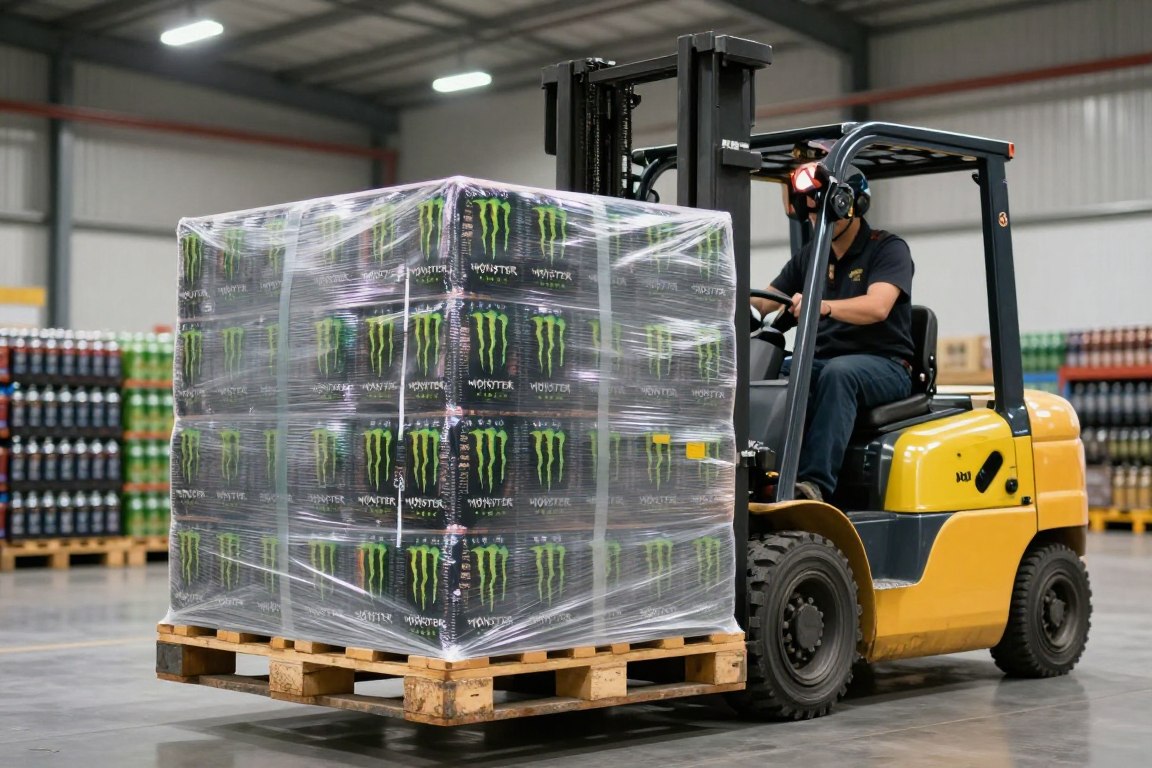 Forklift moving wrapped pallets of Monster Energy in warehouse ready for export