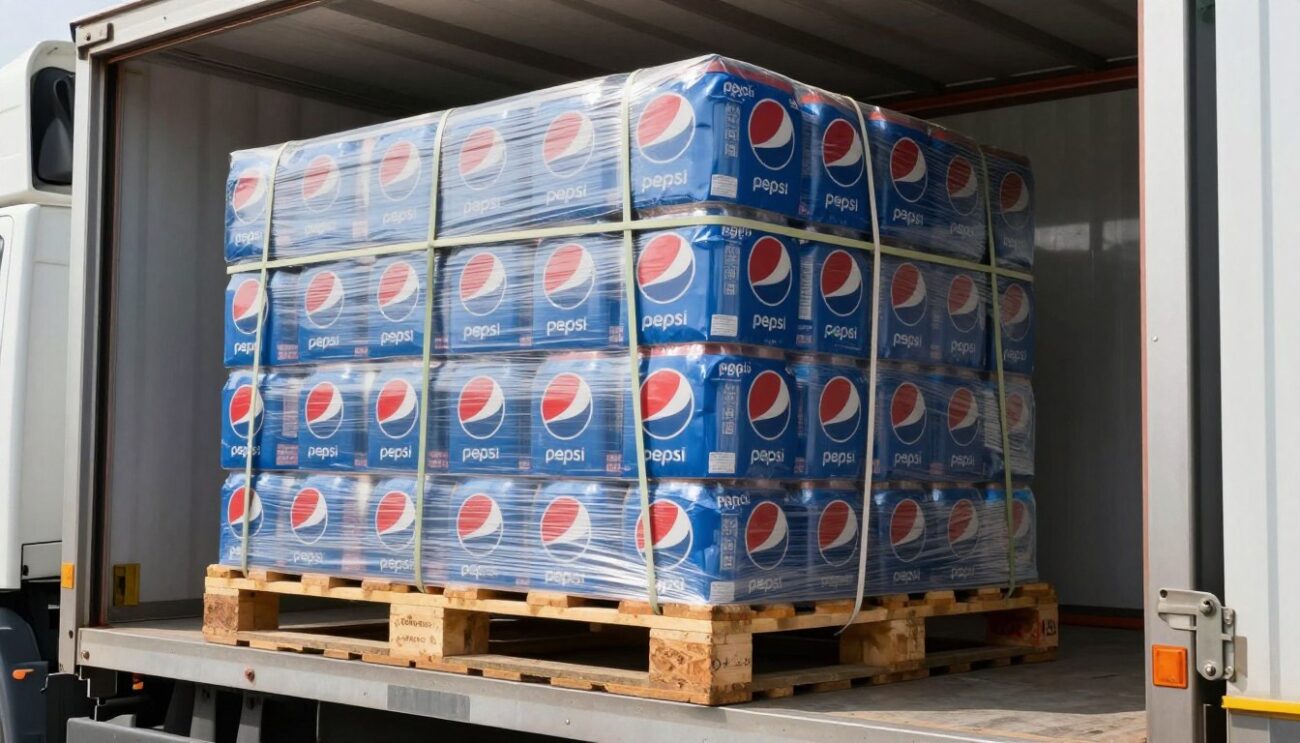 Freight truck transporting palletized Pepsi products for wholesale distribution