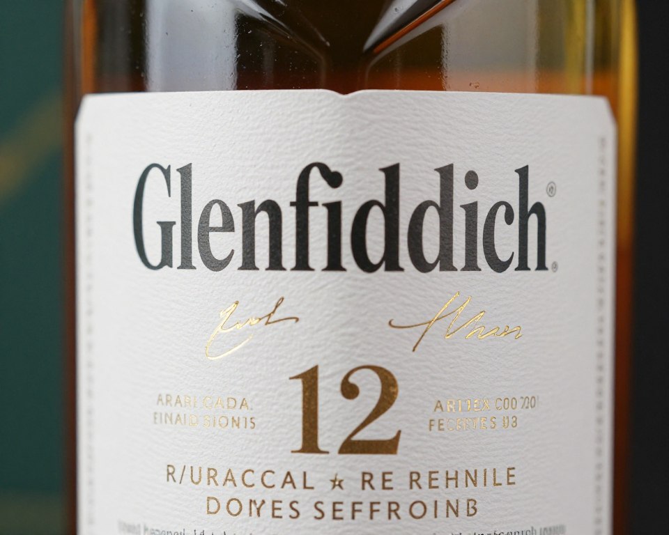 Glenfiddich 12 year old whisky bottle close-up showing label details and signature stag emblem