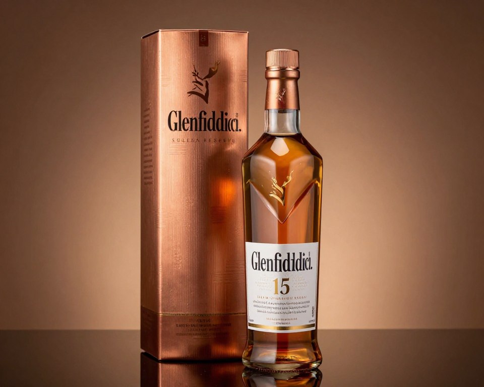 Glenfiddich 15 year Solera Reserve bottle highlighting copper packaging and premium positioning