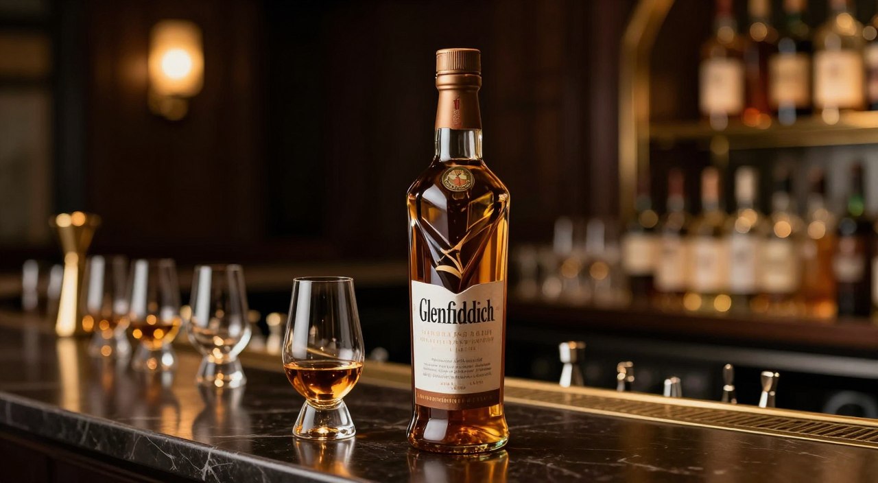 Glenfiddich whisky apresentação premium em ambiente de luxo