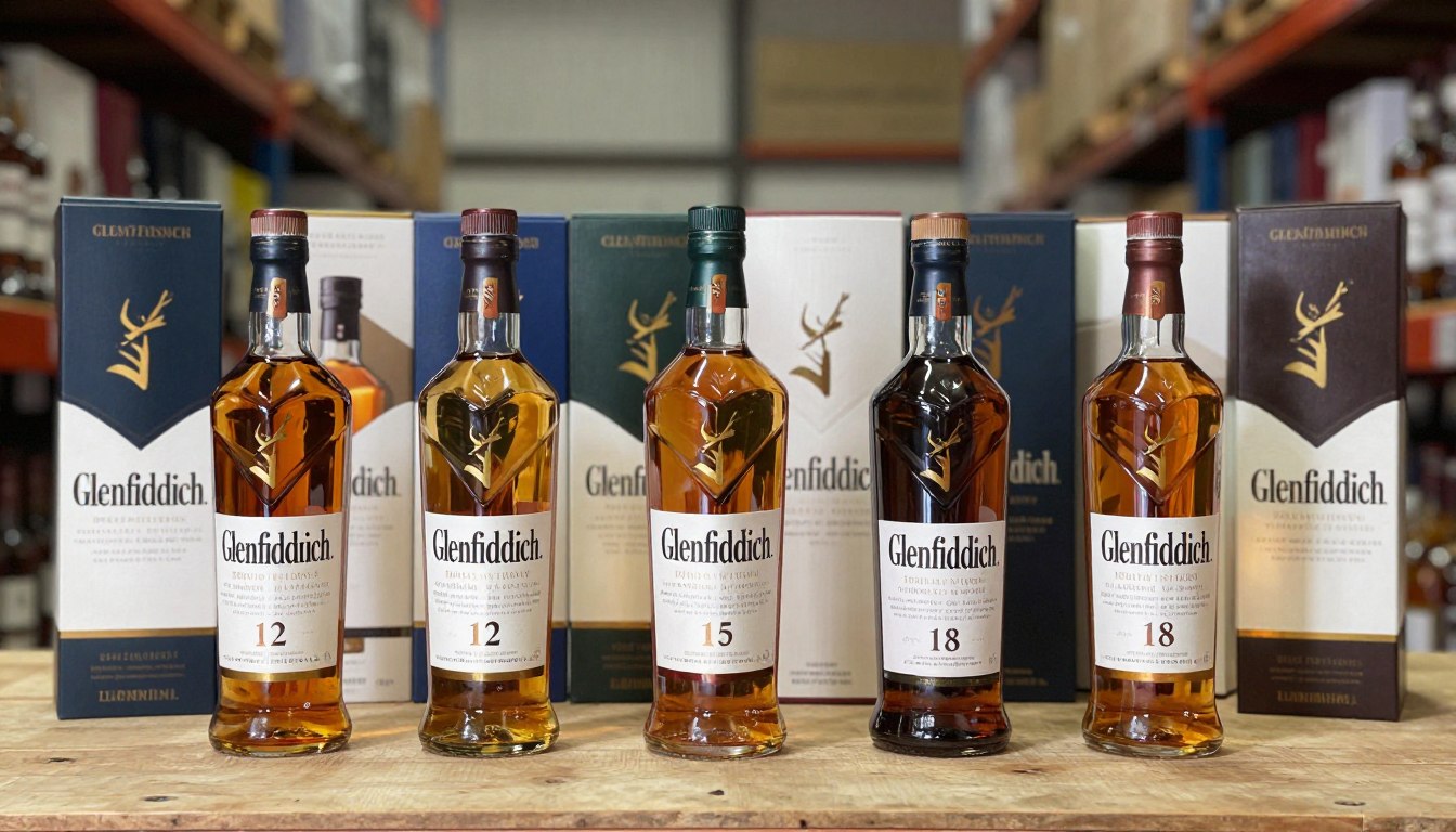 Glenfiddich whisky bottles arranged for wholesale export with branded cartons