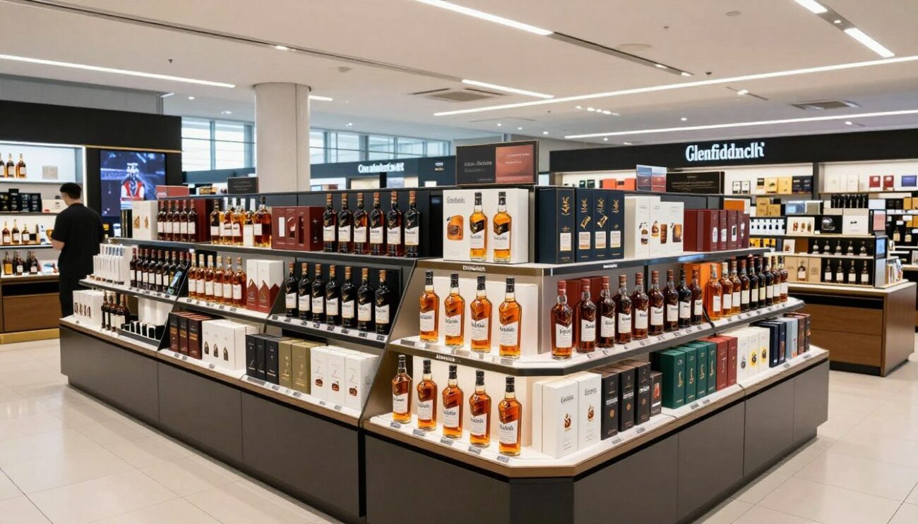 Glenfiddich whisky display in Dubai duty free retail environment with travel retail packaging