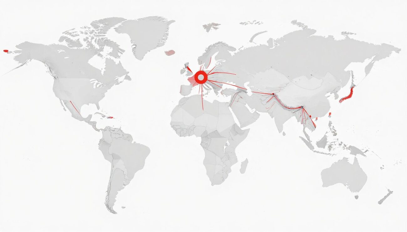 Global FMCG trade network map showing Nutella wholesale distribution routes