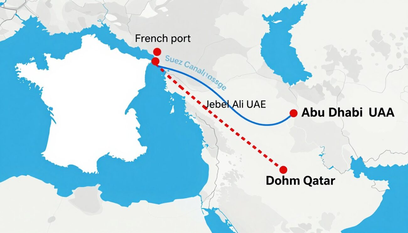 Gulf region shipping route map from France to UAE and Qatar