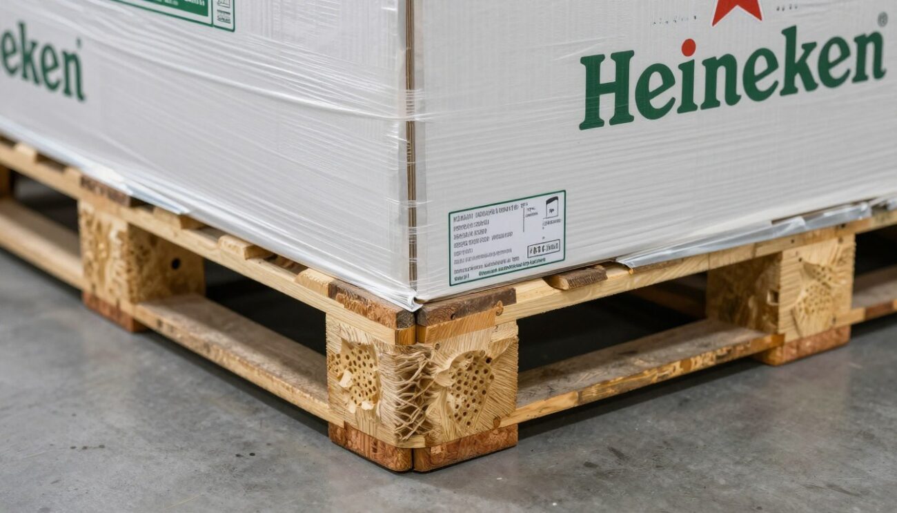 Heineken export pallet protection with corner boards and wrap layers for Hong Kong shipping