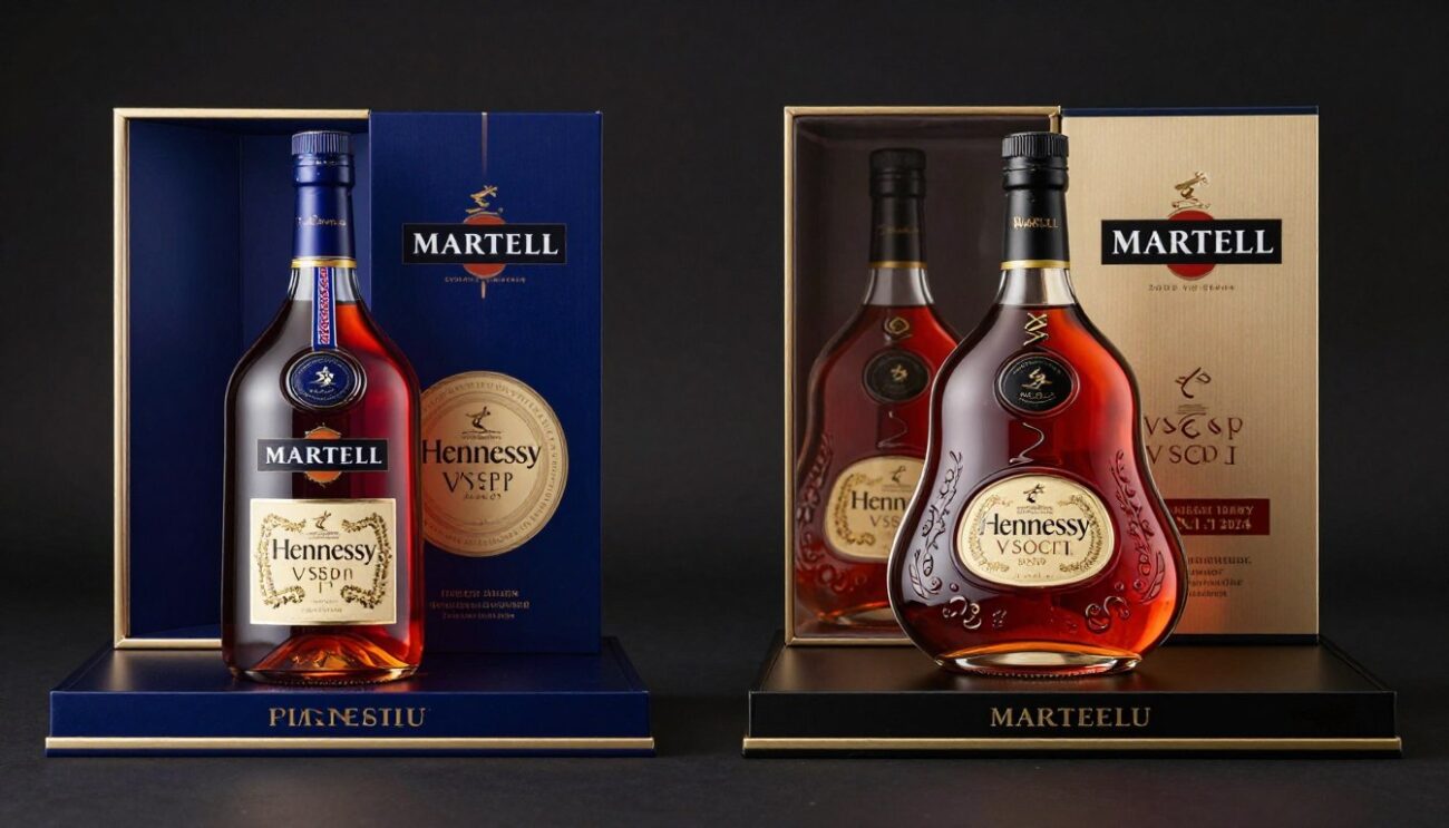Hennessy VSOP cognac displayed alongside Martell Cordon Bleu for wholesale product comparison
