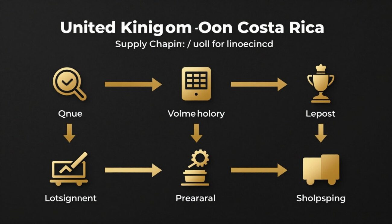 Illustrated supply chain infographic showing whisky sourcing process from UK to Costa Rica with icons and golden arrows on dark background