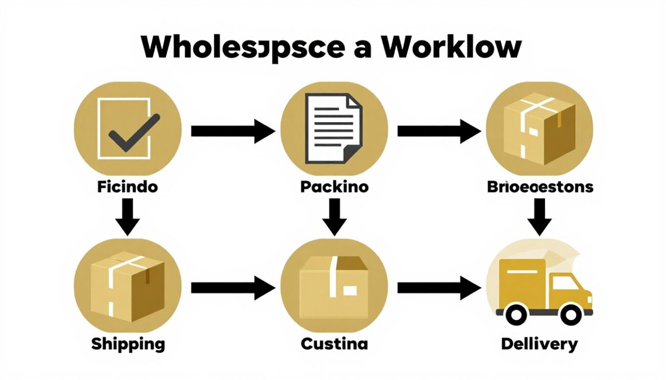 Infográfico de flujo de trabajo de exportación mayorista mostrando 6 pasos desde confirmación hasta entrega