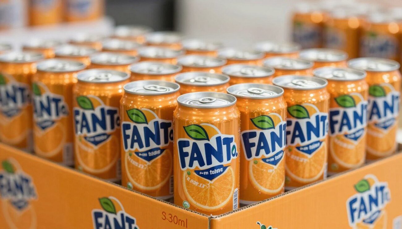 Latas de Fanta naranja 330ml alineadas mostrando packaging oficial de exportación