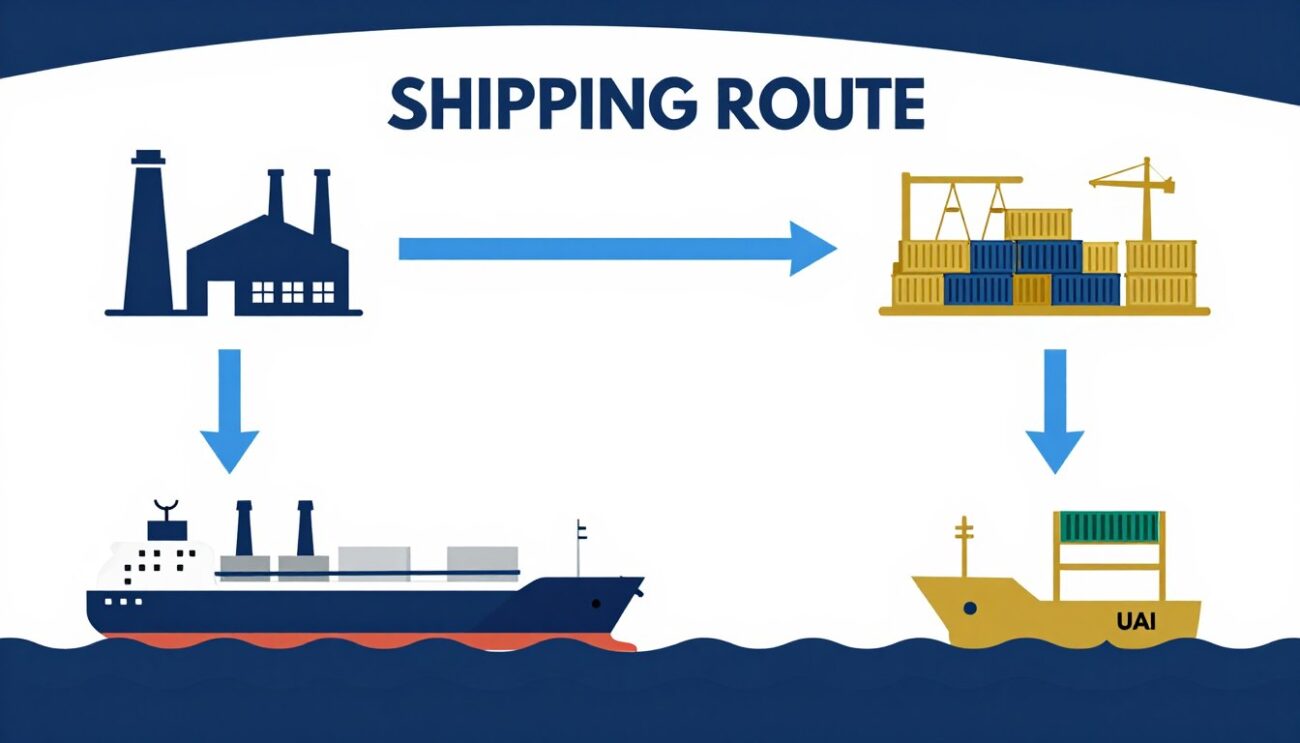 Logistics workflow diagram showing France to UAE shipping route