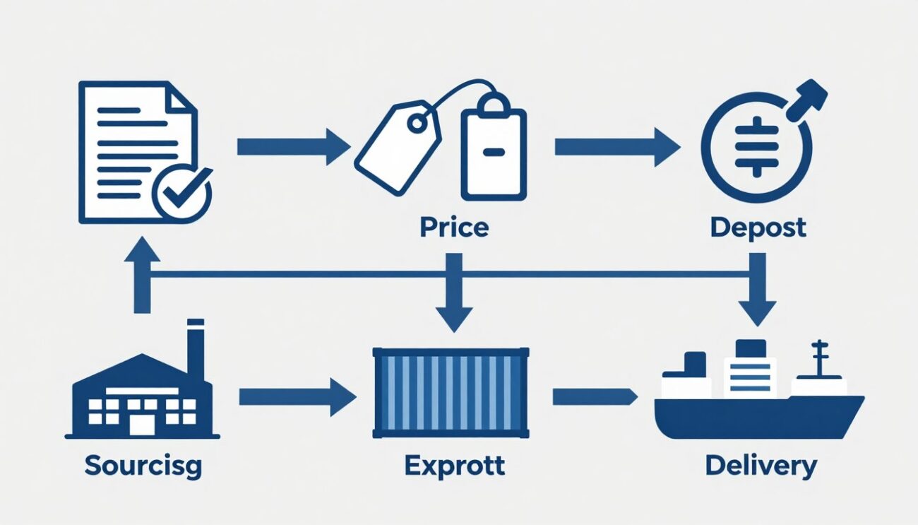 Logistics workflow illustration showing international wholesale supply process steps