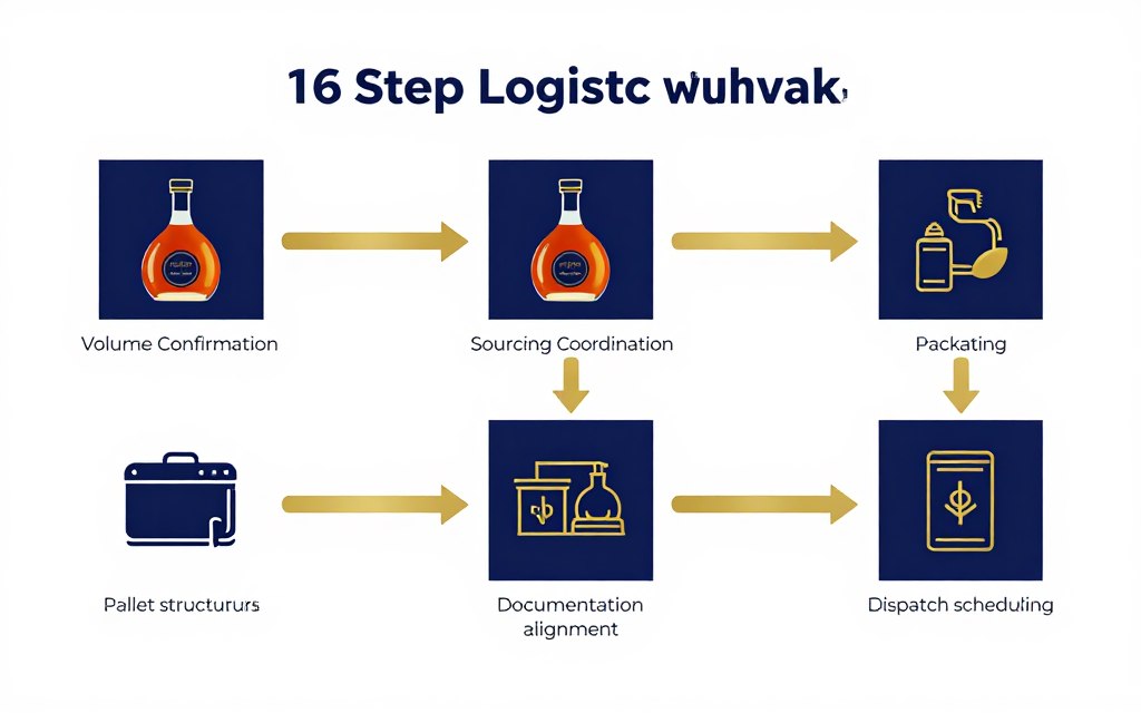 Logistics workflow infographic for Martell Cordon Bleu wholesale supply chain coordination