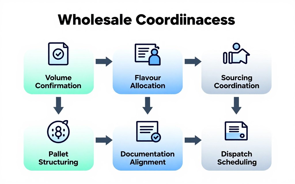 Logistics workflow infographic from order to delivery for wholesale energy drinks