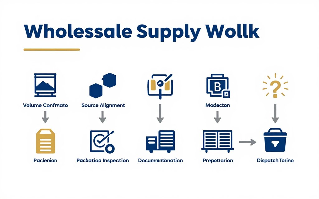 Logistics workflow infographic showing six-stage wholesale coordination process from volume confirmation to dispatch