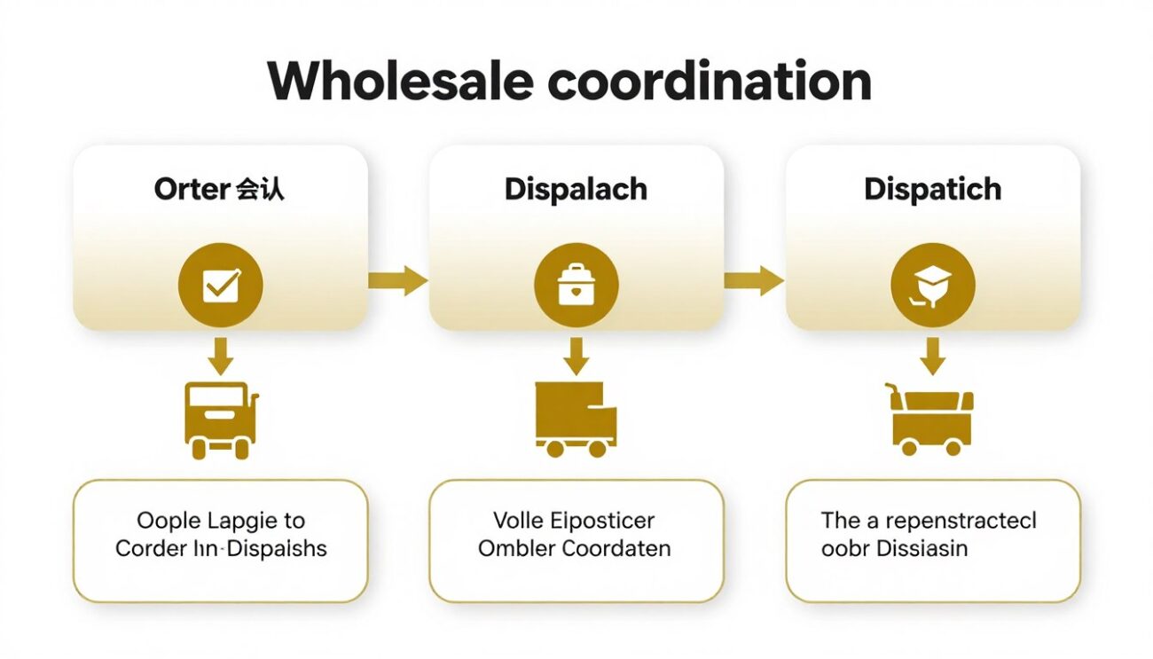 Logistics workflow infographic showing structured wholesale coordination process from order to dispatch