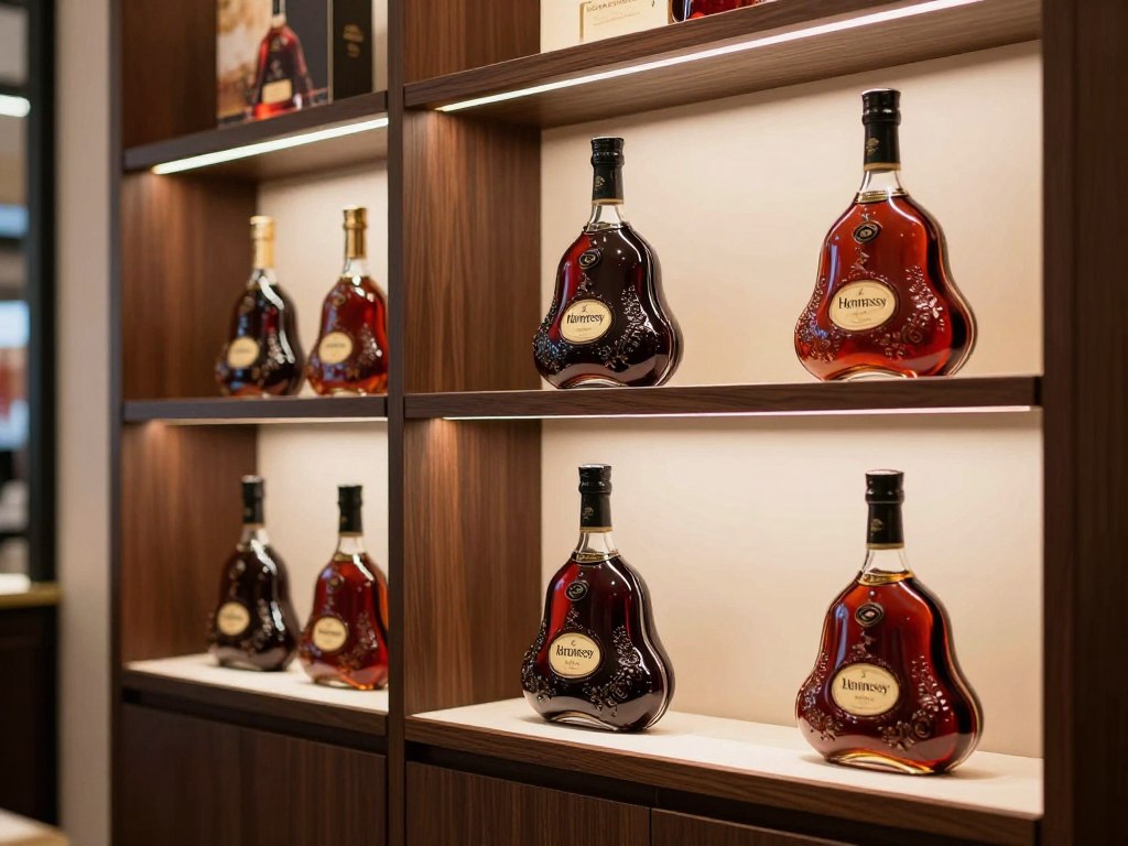 Luxury cognac bottles displayed in premium retail environment with sophisticated lighting