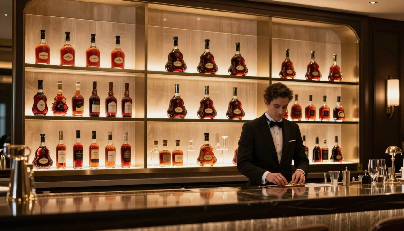 Luxury hospitality bar setting showcasing premium spirits including Hennessy XO